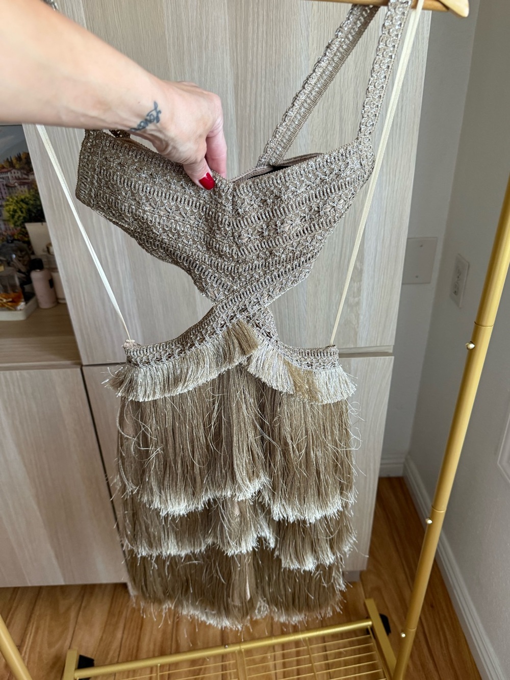 PatBO Taupe Fringe Crossbody Shoulder Bag